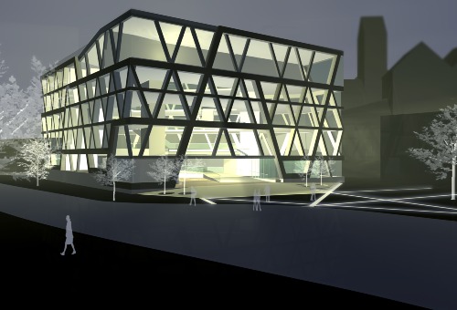 YES ARCHITECTURE., VR Bank, Schwäbisch Hall, außen, Nacht